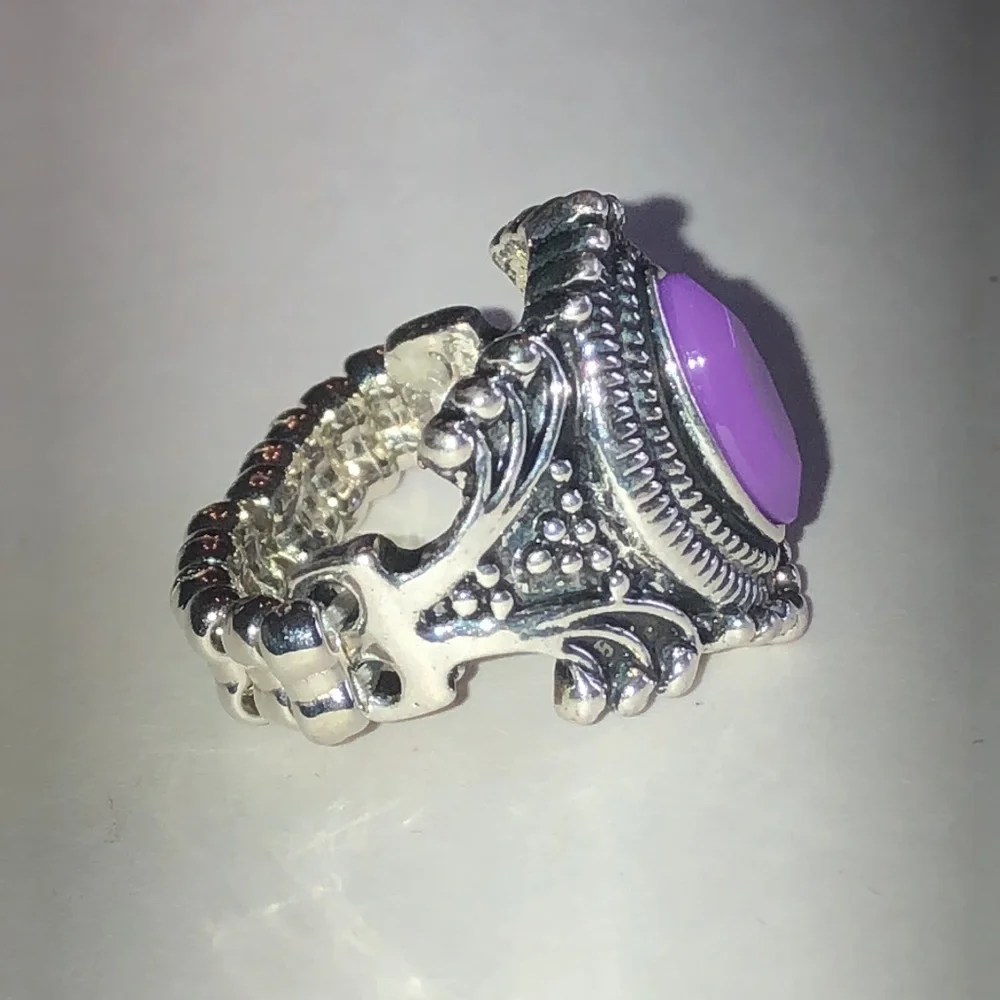 Silver Tone Filigree Ring with Purple Stone